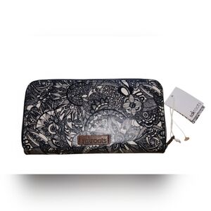 Sakroots Black Floral Doodle Zip Wallet with Brown Logo Patch